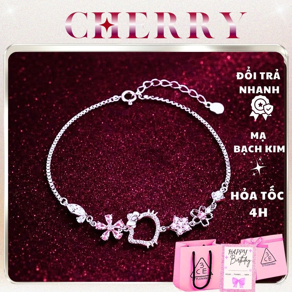 [KHÔNG ĐEN GỈ] Vòng tay titan Hello Kitty nữ đính đá hồng phụ kiện trang sức thời trang CHERRY