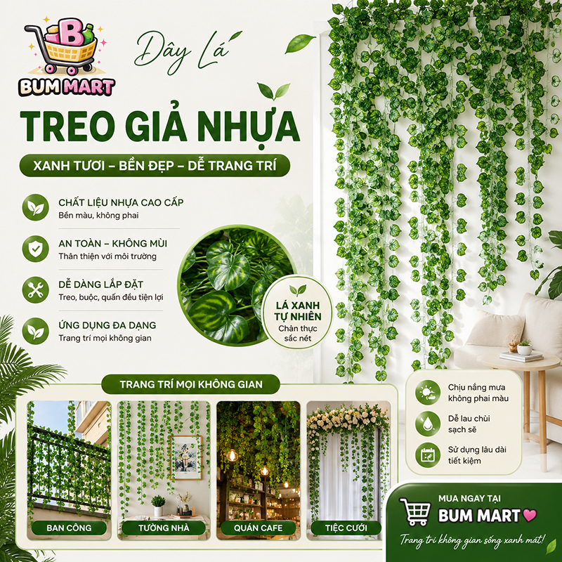 Combo 3 Và 5 Dây Leo Lá Xanh Nhựa Dài 60 Lá Dài 2m1, Sợi Dây Leo Nhựa Giả Decor Tạo Không Gian Xanh | BigBuy360 - bigbuy360.vn