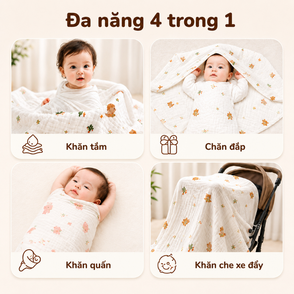 [Giá Sỉ] Khăn Tắm Hè Siêu Thấm Hút Và Nhanh Khô Vải Xô Nhăn Cho Bé Mẹ&Bé 6 Lớp Doomi Baby HT618-HT720-HT834