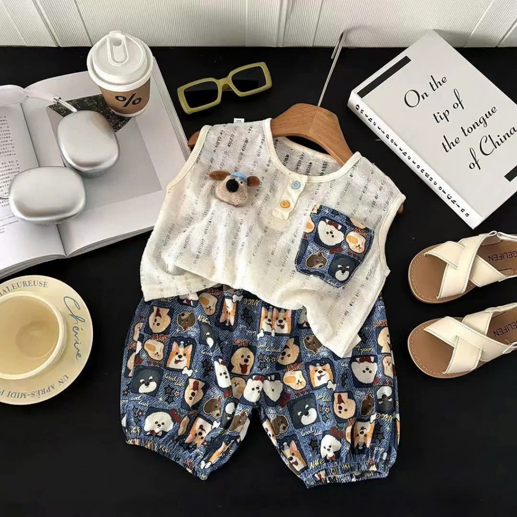 (Hàng QCCC) Bộ quần áo QC tanktop, áo dệt kim hoạ tiết CÚN 3D kèm quần lụa dáng thụng , chất liệu mềm mại ,