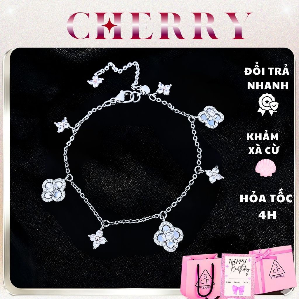Set vòng cổ, vòng tay nữ cỏ 4 lá titan CHERRY JEWELRY đính đá may mắn phụ kiện thời trang cao cấp
