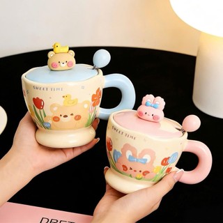 Bộ quà tặng ly cốc sứ uống nước có nắp Họa tiết động vật dễ thương 450ml kèm muỗng