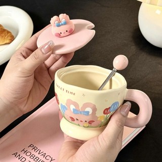 Bộ quà tặng ly cốc sứ uống nước có nắp Họa tiết động vật dễ thương 450ml kèm muỗng