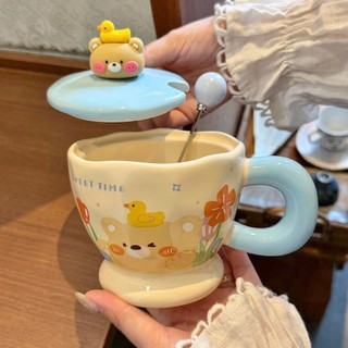 Bộ quà tặng ly cốc sứ uống nước có nắp Họa tiết động vật dễ thương 450ml kèm muỗng