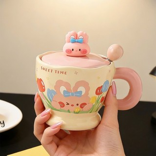 Bộ quà tặng ly cốc sứ uống nước có nắp Họa tiết động vật dễ thương 450ml kèm muỗng
