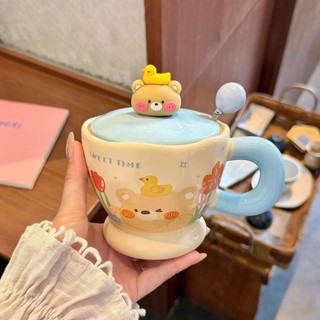 Bộ quà tặng ly cốc sứ uống nước có nắp Họa tiết động vật dễ thương 450ml kèm muỗng