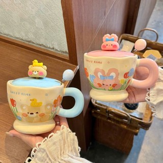 Bộ quà tặng ly cốc sứ uống nước có nắp Họa tiết động vật dễ thương 450ml kèm muỗng