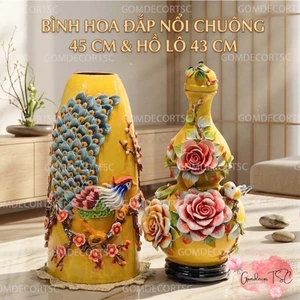 Bình Hoa Đắp Nổi Dáng Chuông Cao 45cm Hồ Lô Hút Lộc Công Danh Phú Quý Gốm Sứ Bát Tràng GomDecorTsc