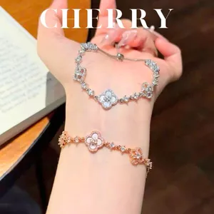 Bộ dây chuyền, vòng tay nữ cỏ 4 lá CHERRY JEWELRY titan khảm xà cừ sakura 2 màu siêu bền
