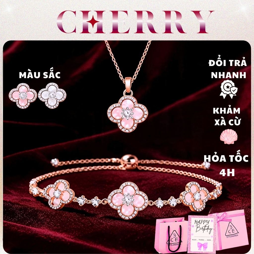 Combo Dây chuyền và vòng tay nữ cỏ 4 lá CHERRY JEWELRY titan không gỉ phụ kiện trang sức thời trang