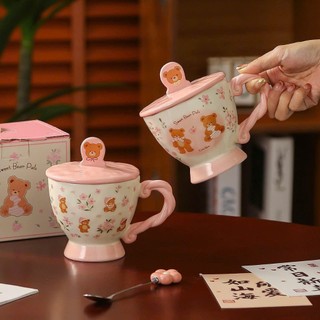 Cốc sứ gấu 968 nơ hồng siêu dễ thương kèm nắp và hộp,ly văn phòng hoặc quà tặng Chất lượng cao cấp Quà tặng ý nghĩa
