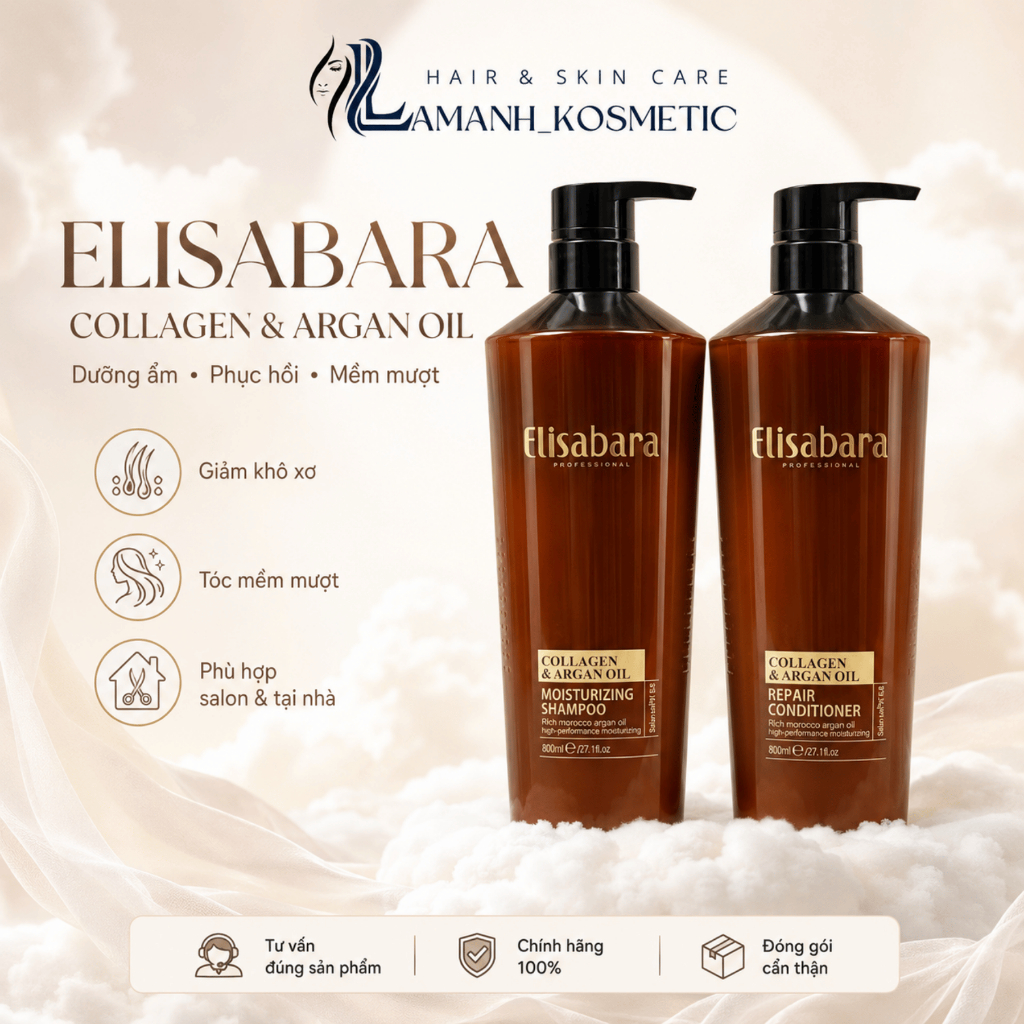 Cặp Dầu Gội Xả Elisabara Collagen & Argan Oil 500ml/800ml | Dưỡng Ẩm, Phục Hồi, Mềm Mượt Tóc.