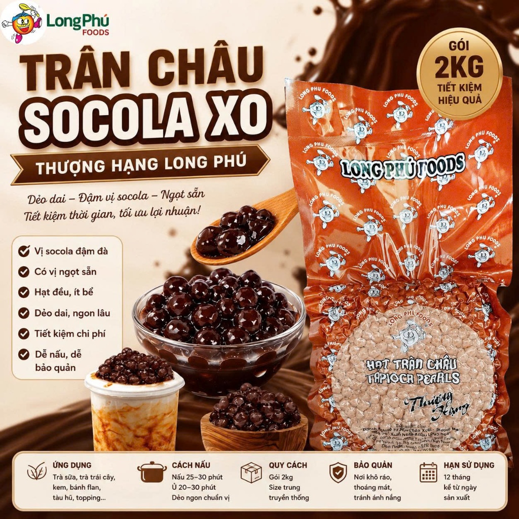 Trân Châu Thượng Hạng Socola XO Có Vị Ngọt LONG PHÚ - Topping, Nguyên Liệu Trà Sữa Cao Cấp