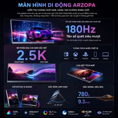 Màn Hình Di Động ARZOPA Z3FC 16.1" 2.5K 180Hz IPS | 107% sRGB | USB-C Mini HDMI | Chính Hãng