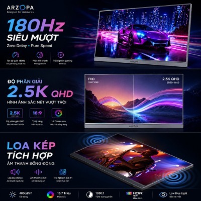 Màn Hình Di Động ARZOPA Z3FC 16.1" 2.5K 180Hz IPS | 107% sRGB | USB-C Mini HDMI | Chính Hãng