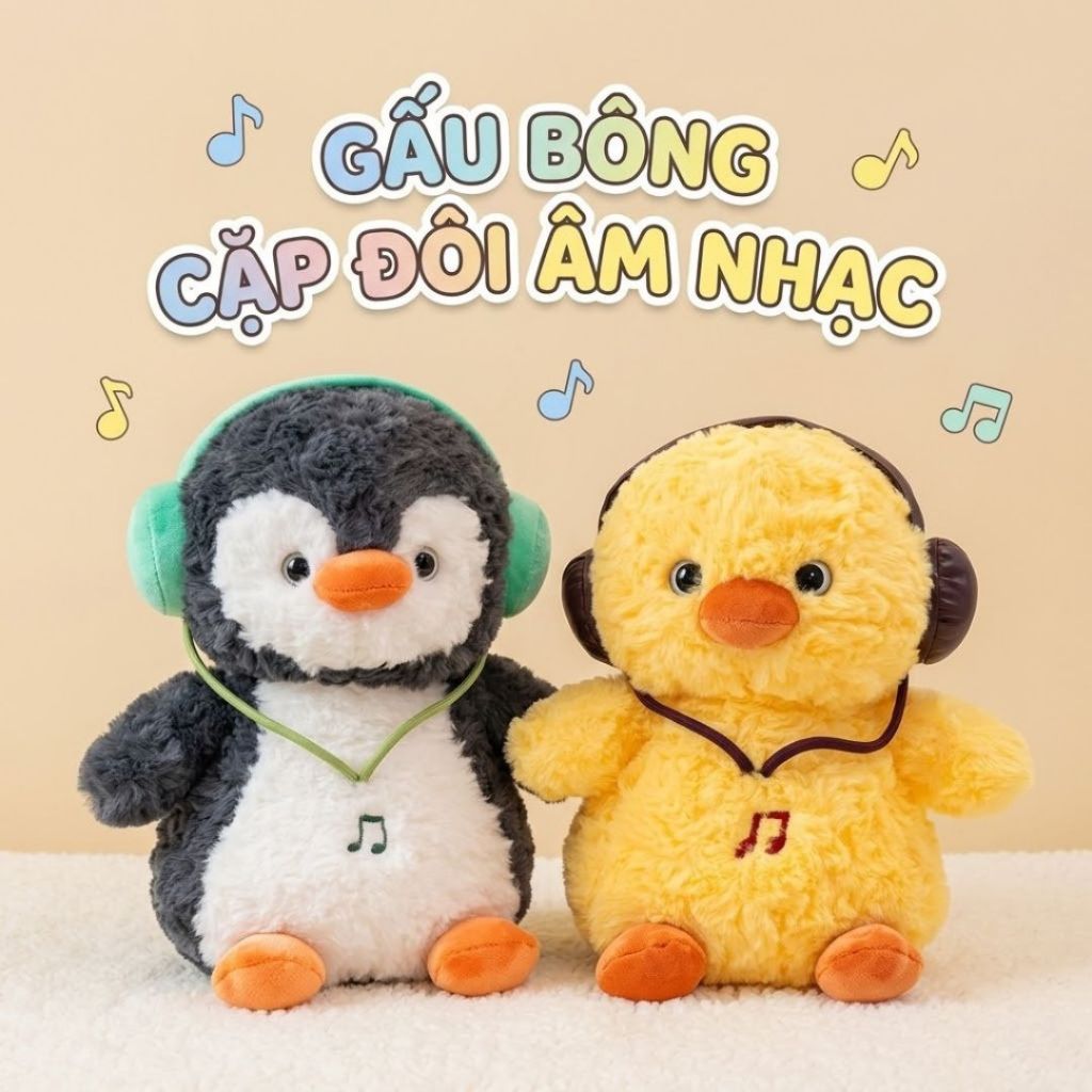 Gấu Bông Gà.Chim Cánh Cụt Đeo Headphone, Thú Nhồi Bông Gà Và Chim Cánh Cụt Lông Xoăn Mềm Mại Quà Tặng Cho Bé,bạn Gái