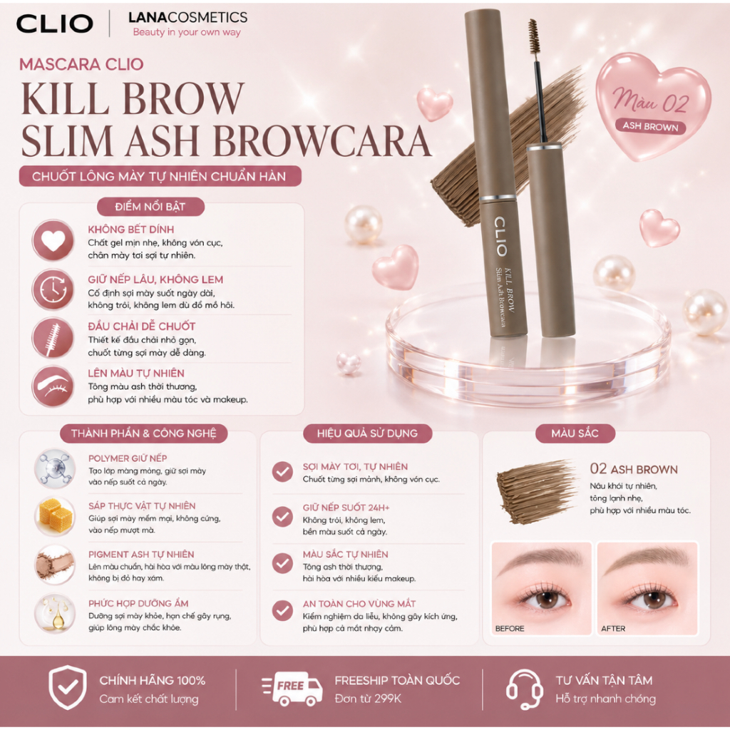 Mascara Lông Mày Clio Kill Brow Slim Ash Browcara - 3g