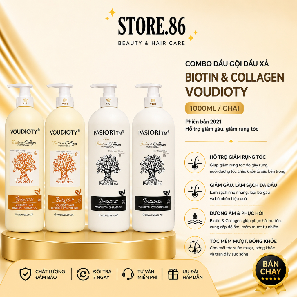 Cặp Dầu Gội Xả VOUDIOTY Biotin Collagen 1000ml | Dưỡng Ẩm Tóc Khô Xơ, Mềm Mượt Chuẩn Salon