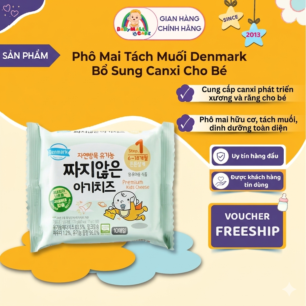 Phô Mai Tách Muối Denmark 170g Bổ Sung Canxi Cho Bé Hộp 10 Miếng | Babymall & Care
