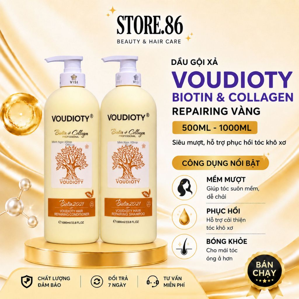 Cặp Dầu Gội Xả VOUDIOTY Biotin Collagen 1000ml | Dưỡng Ẩm Tóc Khô Xơ, Mềm Mượt Chuẩn Salon