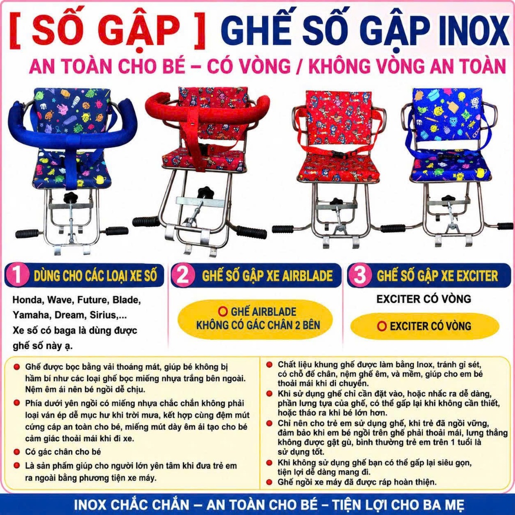 [ SỐ GẬP ] GHẾ SỐ XE MÁY CHO BÉ LOẠI GẬP – CÓ VÒNG / KHÔNG VÒNG AN TOÀN