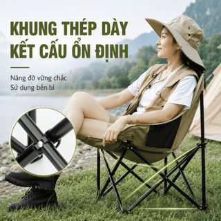 Ghế Mặt Trăng Gấp Gọn Ngoài Trời, Ghế Xếp Cắm Trại Lưng Cao Vải Oxford Khung Thép Chắc Chắn Dễ Mang Theo