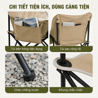 Ghế Mặt Trăng Gấp Gọn Ngoài Trời, Ghế Xếp Cắm Trại Lưng Cao Vải Oxford Khung Thép Chắc Chắn Dễ Mang Theo