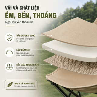 Ghế Mặt Trăng Gấp Gọn Ngoài Trời, Ghế Xếp Cắm Trại Lưng Cao Vải Oxford Khung Thép Chắc Chắn Dễ Mang Theo
