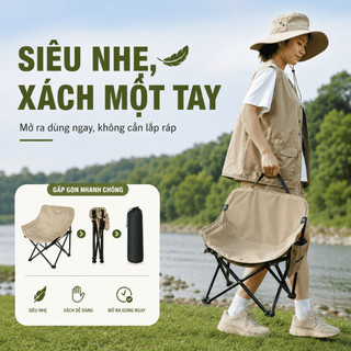 Ghế Mặt Trăng Gấp Gọn Ngoài Trời, Ghế Xếp Cắm Trại Lưng Cao Vải Oxford Khung Thép Chắc Chắn Dễ Mang Theo