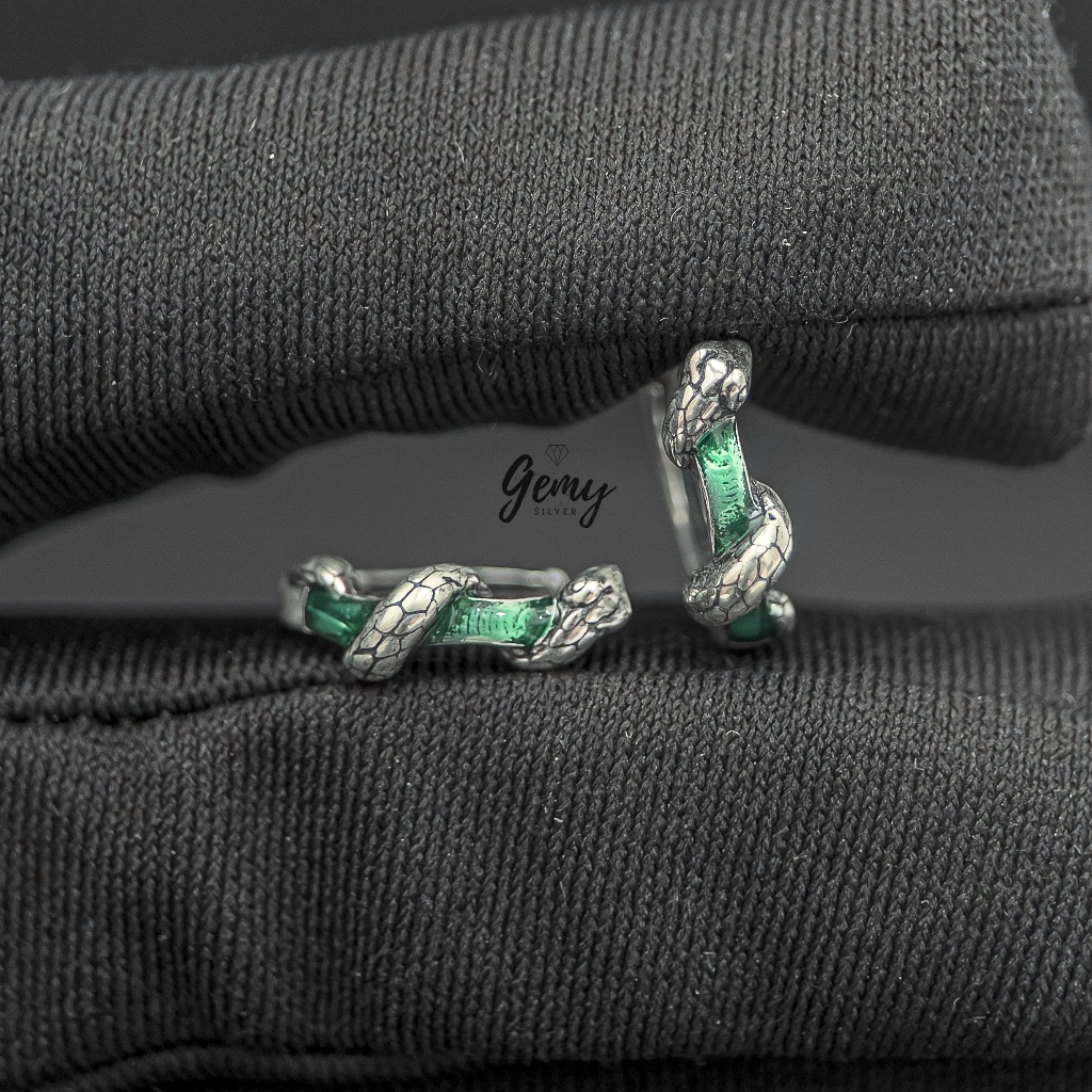 Khuyên tai tròn nam bạc 925 Green Snake thiết kế rắn ôm đá xanh cực chất (1 chiếc) KN136 | GEMY SILVER