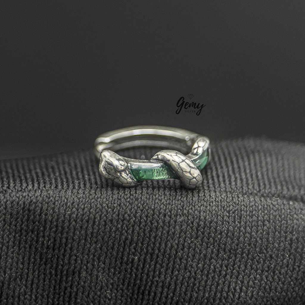 Khuyên tai tròn nam bạc 925 Green Snake thiết kế rắn ôm đá xanh cực chất (1 chiếc) KN136 | GEMY SILVER