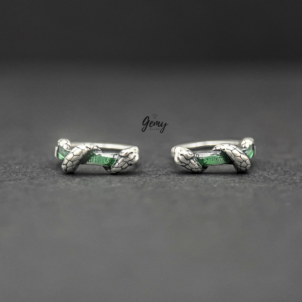 Khuyên tai tròn nam bạc 925 Green Snake thiết kế rắn ôm đá xanh cực chất (1 chiếc) KN136 | GEMY SILVER