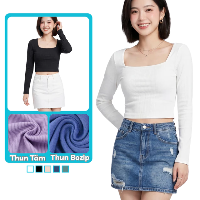 Áo Thun Croptop Nữ Dài Tay Cổ Vuông Dáng Ôm Madela Vải Thun Dày Dặn, Áo Croptop Nữ Dài Tay Cổ Vuông