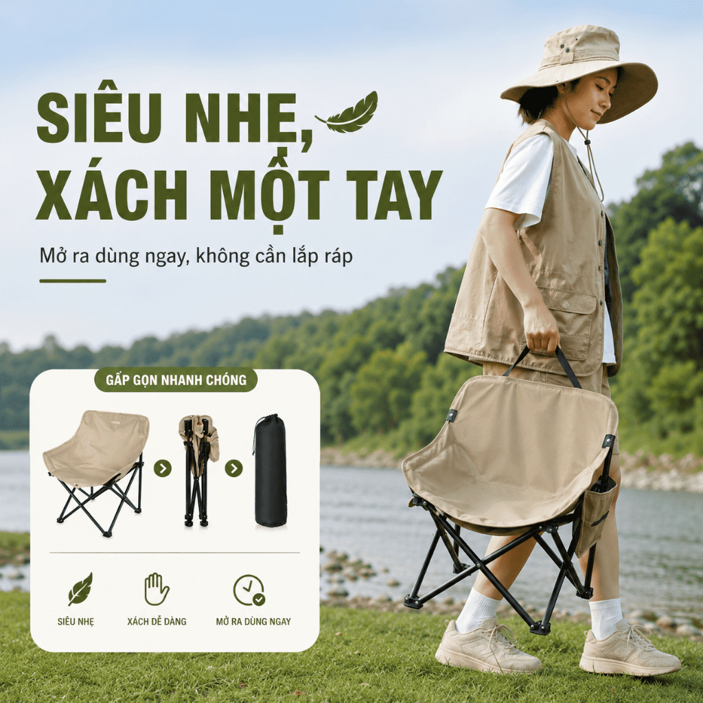Ghế Mặt Trăng Gấp Gọn Dã Ngoại, Ghế Camping Thư Giãn Ngồi Êm, Dễ Mang Theo Đi Cắm Trại Câu Cá Ban Công
