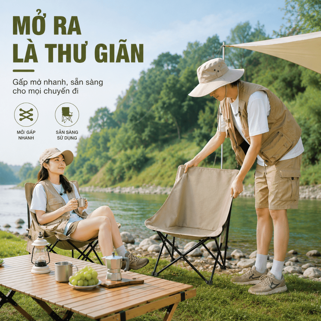 Ghế Mặt Trăng Gấp Gọn Dã Ngoại, Ghế Camping Thư Giãn Ngồi Êm, Dễ Mang Theo Đi Cắm Trại Câu Cá Ban Công