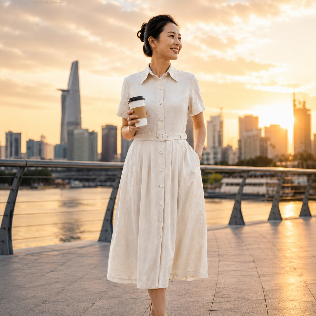 Đầm xoè linen cao cấp,độ bền cao,mát mịn,thấm hút mồ hôi,may viền tỉ mỉ,sản xuất độc quyền tại Kiều Oanh Designer