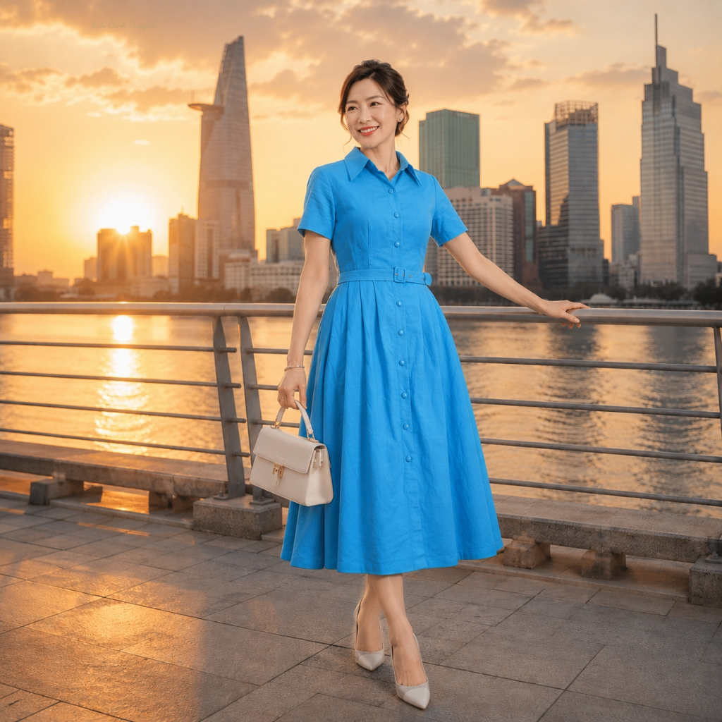 Đầm xoè linen cao cấp,độ bền cao,mát mịn,thấm hút mồ hôi,may viền tỉ mỉ,sản xuất độc quyền tại Kiều Oanh Designer