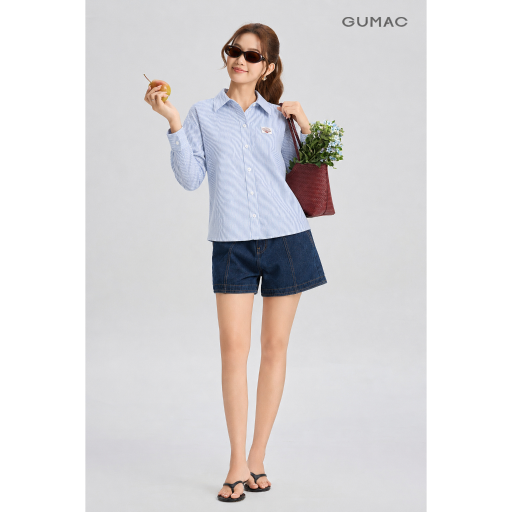 Áo Sơ Mi Nữ Gmorning - GUMAC Form Boxy Tay Dài Đường Chỉ Phối Nâu Hình Thêu Trước Ngực Thanh Lịch Nổi Bật YAG06045