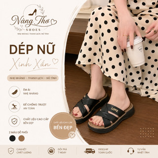Dép bánh mì nữ quai chéo đính đá chữ LOVE, đế xuồng 5cm tôn dáng, chất liệu cao su mềm êm chân #depthoitrang