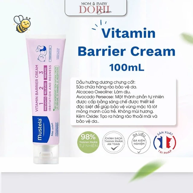 Kem Chống Hăm Cho Bé Mustela Vitamin Barrier Cream 100ml – Kem Hăm Tã Trẻ Sơ Sinh, Dưỡng Da Vùng Mặc Tã