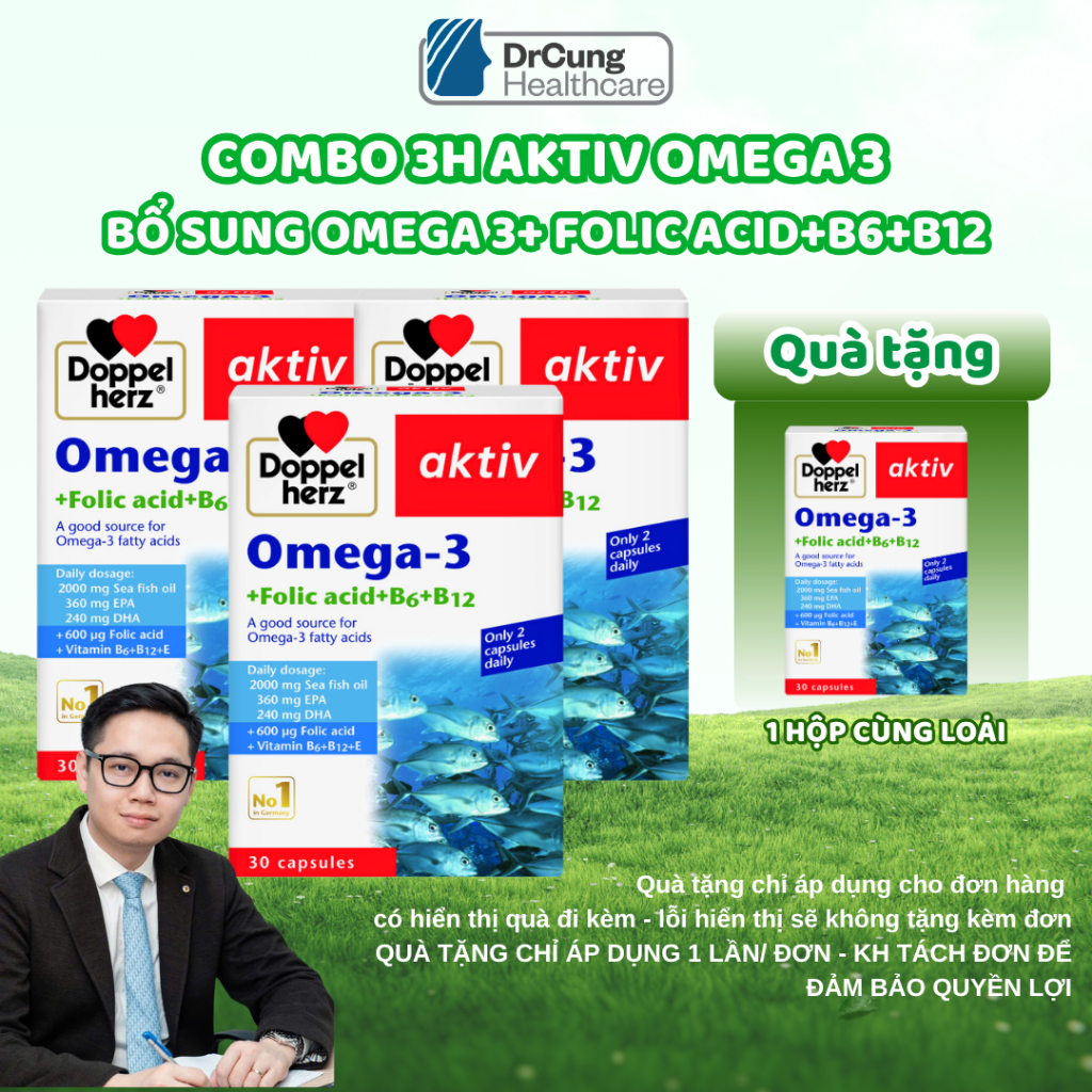 Dầu Cá Omega 3 Doppelherz – Bổ Sung Acid Folic, Duy Trì Sức Khỏe Tim Mạch (Combo 3 Hộp)
