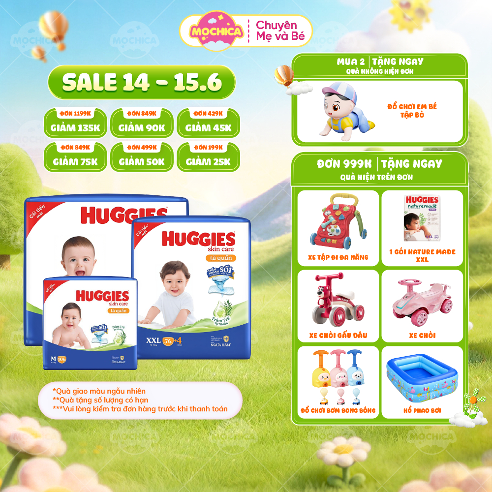 Bỉm/Tã quần Huggies Tràm Trà Tự Nhiên SKINCARE Pants Mega Jumbo M106/L104/XL88/XXL80- Mochica