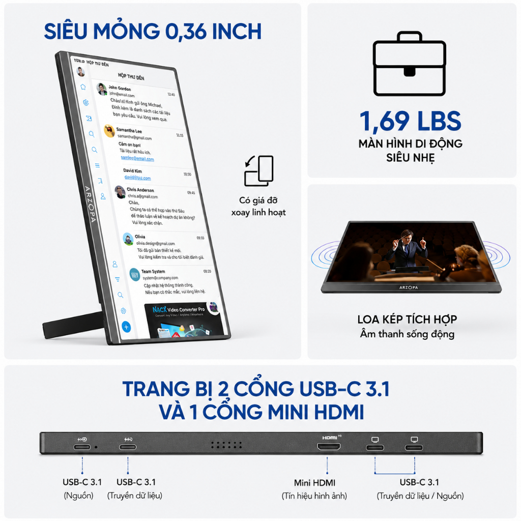 Màn Hình Di Động ARZOPA Z1C 16.1" IPS FHD | 100% sRGB | HDR | USB-C HDMI | Chính Hãng | Hỏa Tốc