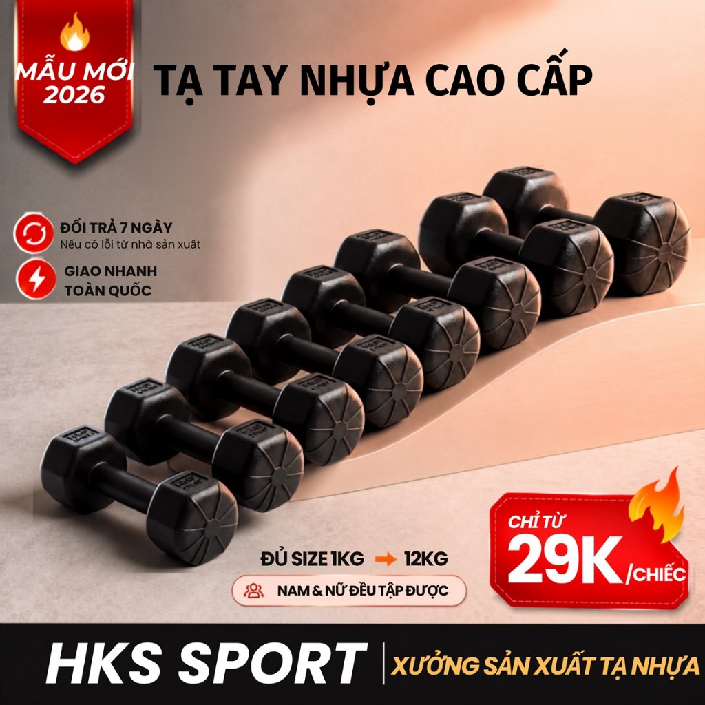 Tạ tay bọc nhựa cao cấp loại 1 mẫu mới 2026 (1kg, 2kg, 3kg, 4kg, 5kg, 6kg, 7kg,8kg)