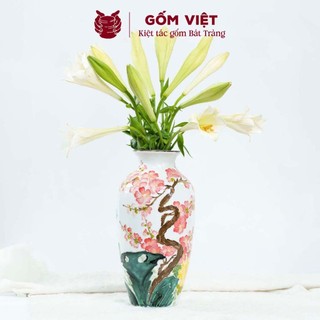 Bình, lọ hoa đắp nổi nhiều hoạ tiết 3D, vành miệng chỉ vàng cao 30cm - Gốm sứ Bát Tràng - Gốm Việt