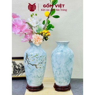 Bình, lọ hoa vân đá cao 30cm vẽ nổi cành mậm, vành miệng chỉ vàng - Gốm sứ Bát Tràng - Gốm Việt