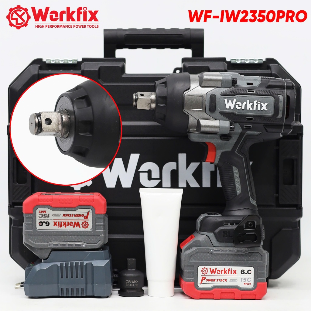 TẶNG ĐẦU CHUYỂN - Máy siết bulong Workfix WF-IW2350PRO (2350N.m) Không chổi than 2 pin 15 Cell - Máy siết ốc hạng nặng