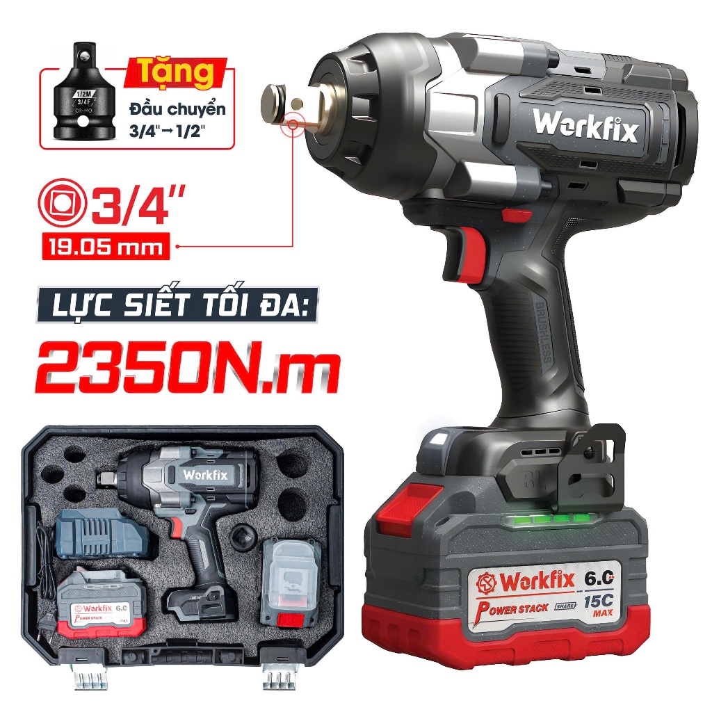 TẶNG ĐẦU CHUYỂN - Máy siết bulong Workfix WF-IW2350PRO (2350N.m) Không chổi than 2 pin 15 Cell - Máy siết ốc hạng nặng