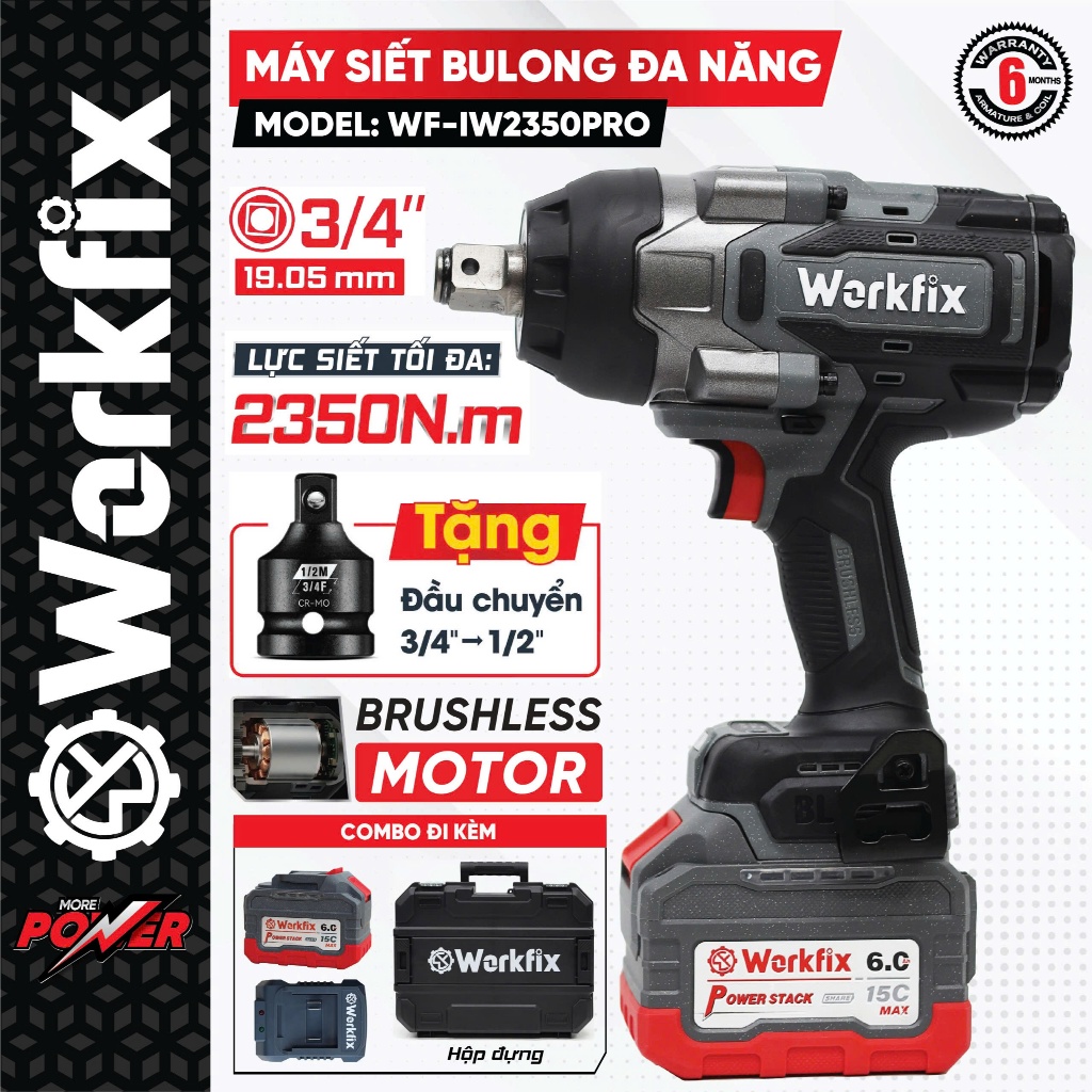 TẶNG ĐẦU CHUYỂN - Máy siết bulong Workfix WF-IW2350PRO (2350N.m) Không chổi than 2 pin 15 Cell - Máy siết ốc hạng nặng
