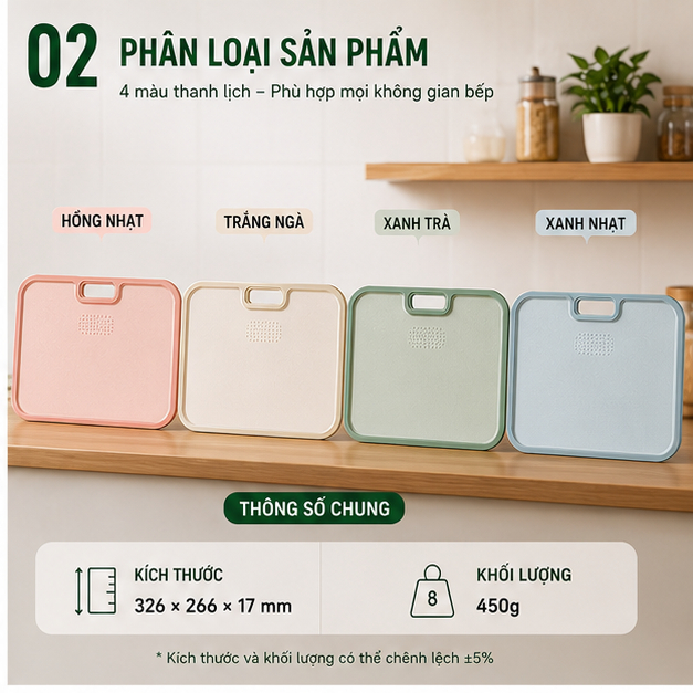 Thớt Nhựa Chống Trượt Kháng Khuẩn PP Chống Tràn Nước, Gia Dụng Nhà Bếp Dùng 2 mặt Bề mặt nhám nhẵn